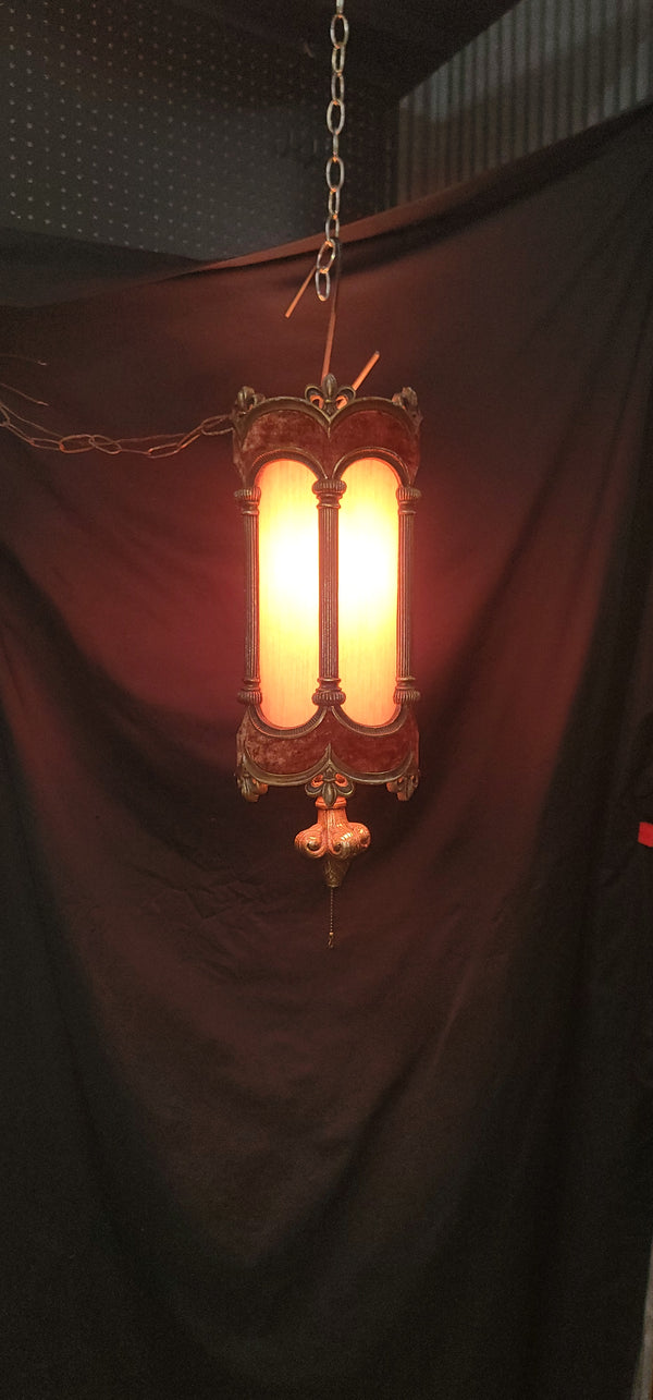 Vintage Cylinder Swag Pendant Light w/ Red Velvet Trim 24 1/2"x 9 1/2" GS00924