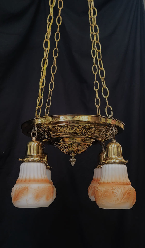 Early Victorian Restored 4 Light Brass Pan Light w/ Shades 13 3/4" x 47" GS00974