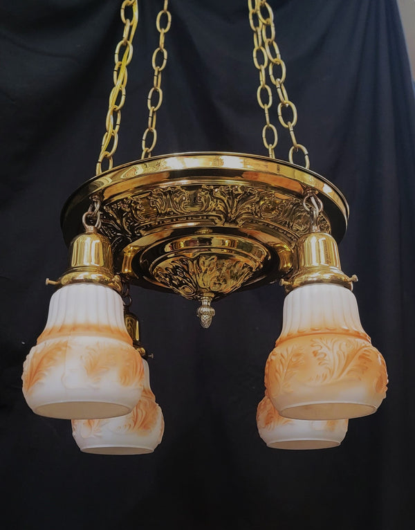 Early Victorian Restored 4 Light Brass Pan Light w/ Shades 13 3/4" x 47" GS00974