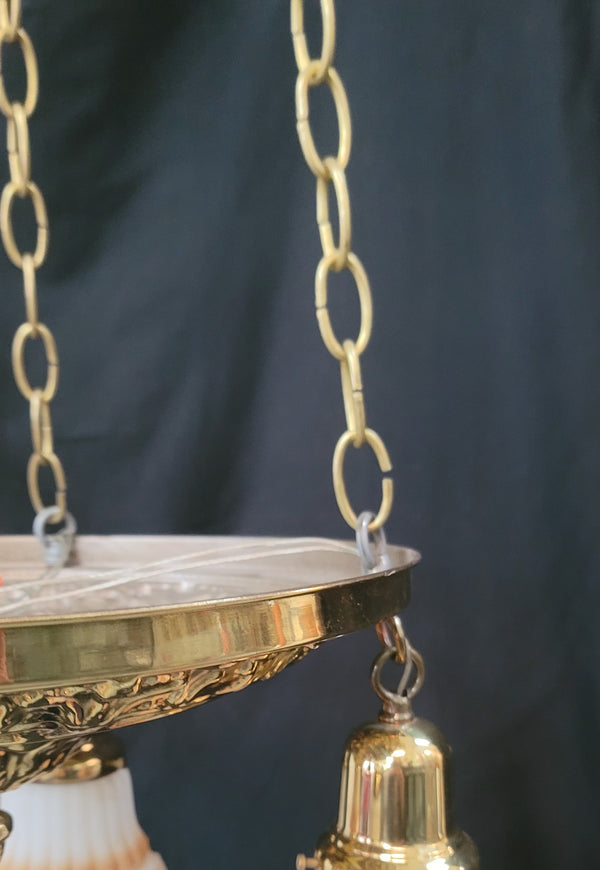 Early Victorian Restored 4 Light Brass Pan Light w/ Shades 13 3/4" x 47" GS00974