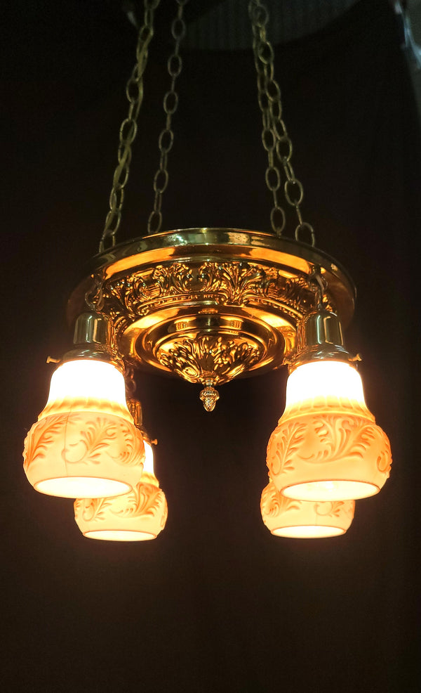 Early Victorian Restored 4 Light Brass Pan Light w/ Shades 13 3/4" x 47" GS00974
