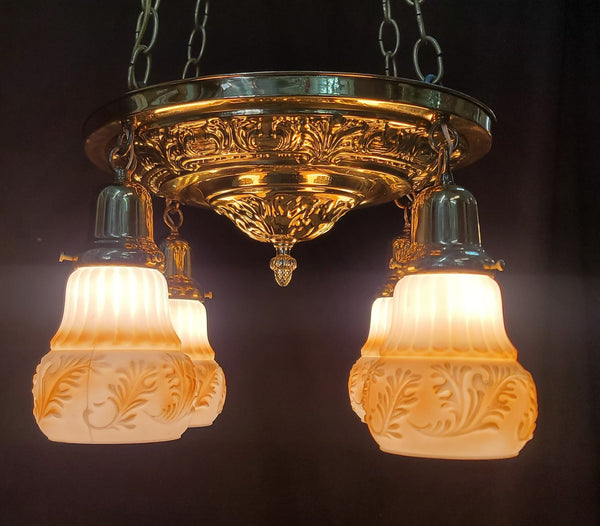 Early Victorian Restored 4 Light Brass Pan Light w/ Shades 13 3/4" x 47" GS00974