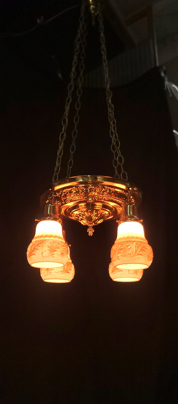 Early Victorian Restored 4 Light Brass Pan Light w/ Shades 13 3/4" x 47" GS00974