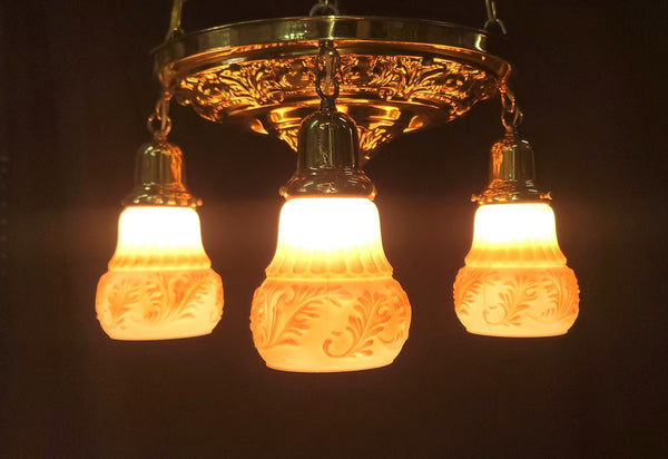 Early Victorian Restored 4 Light Brass Pan Light w/ Shades 13 3/4" x 47" GS00974