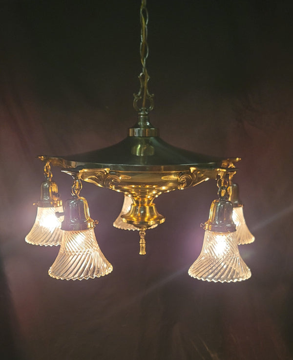 Restored 5 Light Brass Pan Chandelier w/ Glass Shades 22" x 15" GS00972