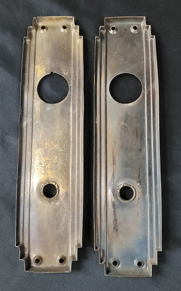 Pair of Brass Art Deco Backplates w/Deadbolt Hole 9 1/2" x 2 3/8" GS00876