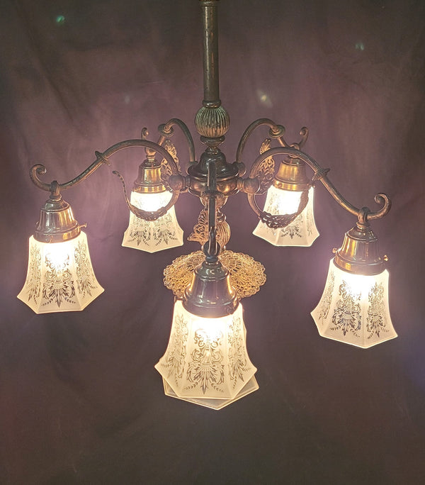 Ornate 6 Light Victorian Chandelier w/ Fluted Etched Shades 24" x 36" GS00997