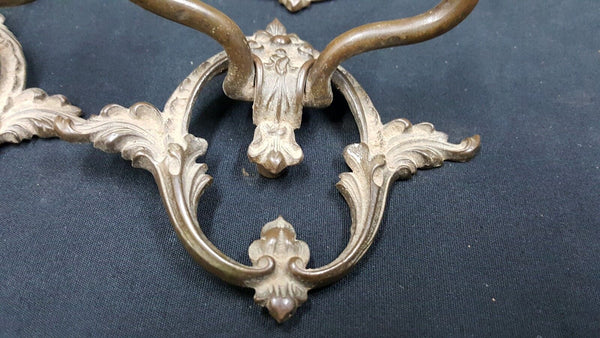 Architectural Salvage Ornate Scroll & Leaf Brass Drawer Pull Handles Set of 4