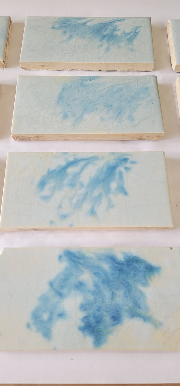 Vintage Lot of 10 Columbia Blue & Ivory Fireplace Tiles 6" x 3" GS00678