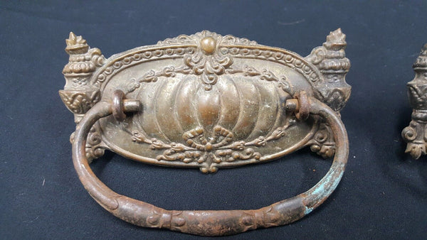 Architectural Salvage Ornate Wide Brass Embossed Design Drawer Pulls Set of 4
