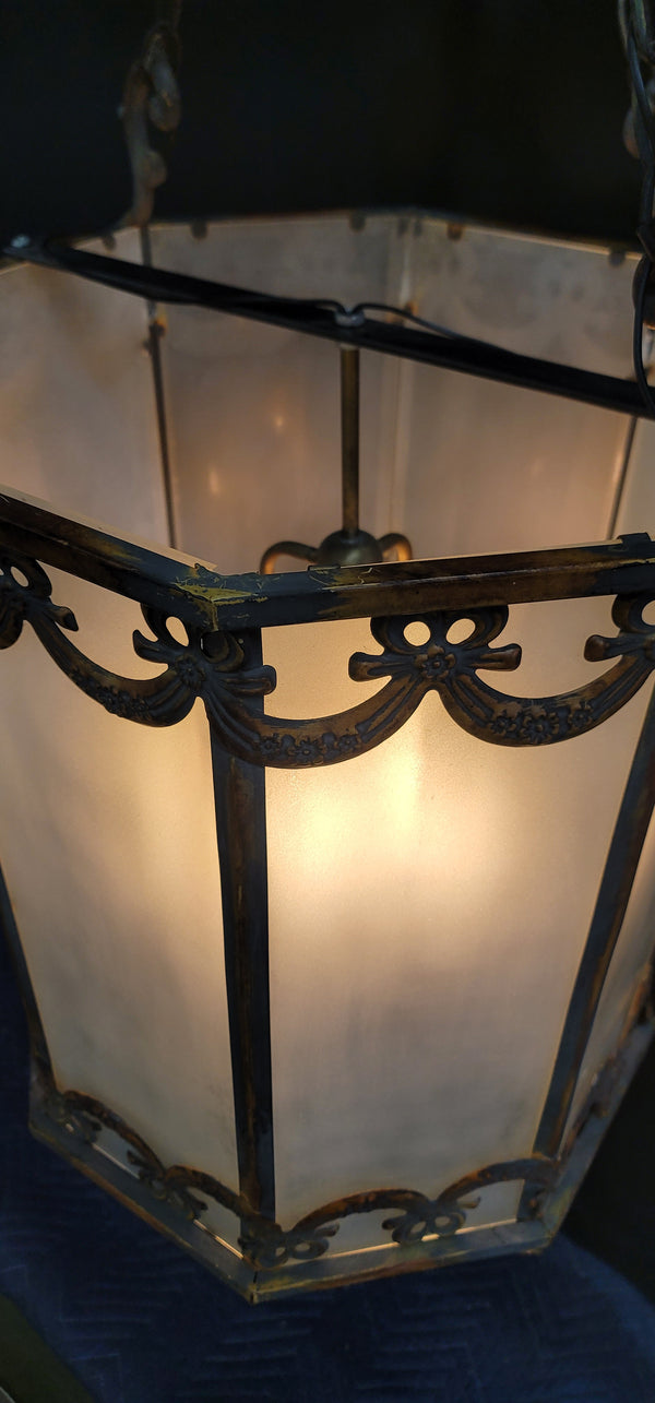Large Octagon Shaped 4 Light Iron & Glass Chandelier 44" T x 19 1/2" W GS00951
