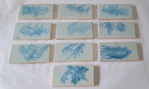 Vintage Lot of 10 Columbia Blue & Ivory Fireplace Tiles 6" x 3" GS00678