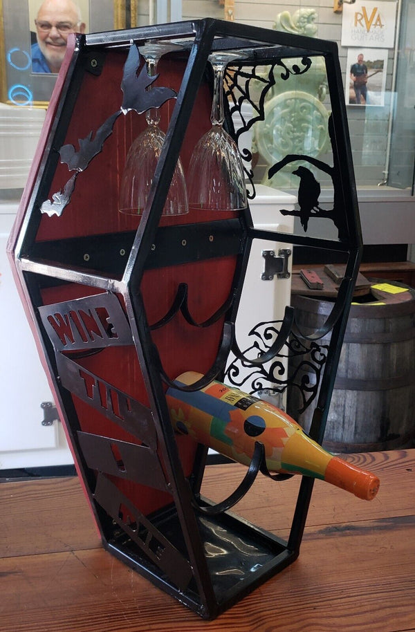 Custom Hand Crafted Coffin Shaped Iron & Wood Wine Rack GS00871