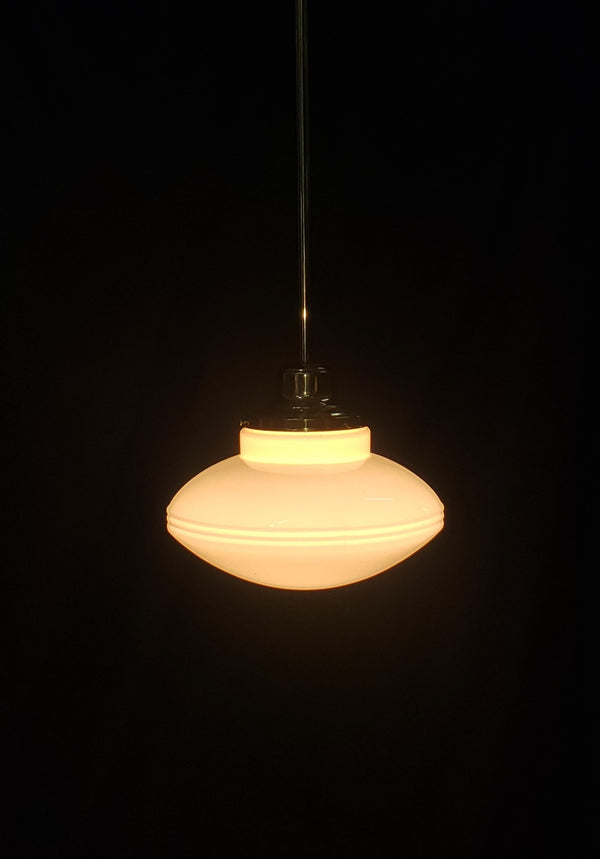 Restored Flush Mount Pendant Fixture w/ White Ribbed Shade 14" x 35" GS01010