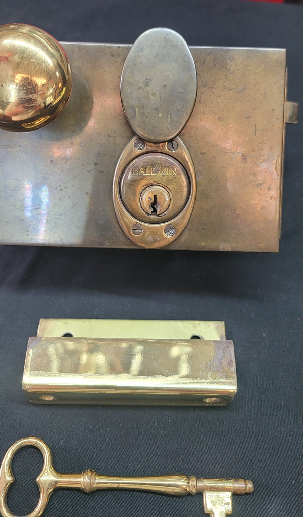 Left Side Brass Rim Lock Set w/ Keeper Key Deadbolt & More 6 3/4" x 4"GS00683