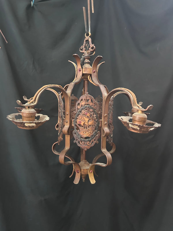 5 Light Brass & Metal Ornate Victorian Chandelier w/ Sailing Ship Motif 20"x18" GS010949