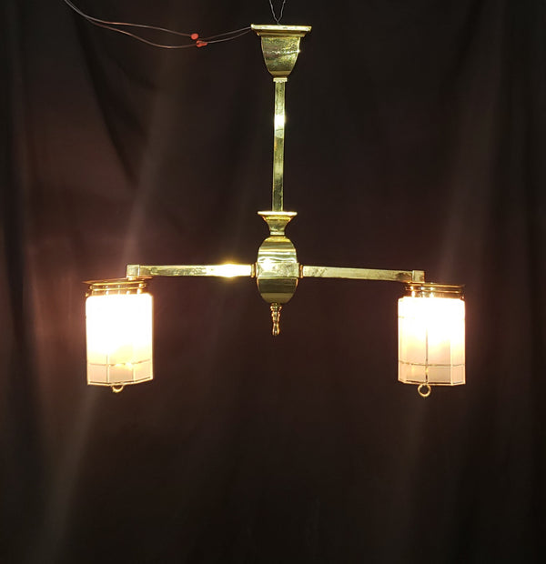 Restored Gas Converted 2 Light Brass Chandelier w/ Shades 26" x 28 1/2" GS00967