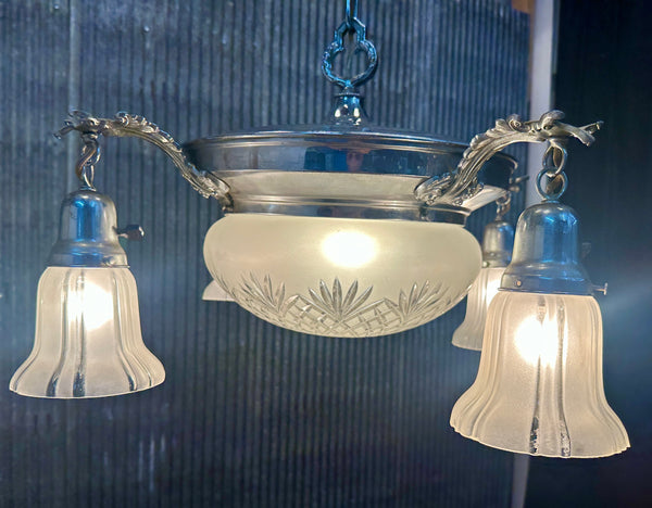Restored Art Deco Chrome Plate 5-Light Pan Chandelier GA21012