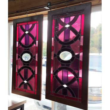 Pair of Framed Red & Purple Stained Glass Windows GA21075
