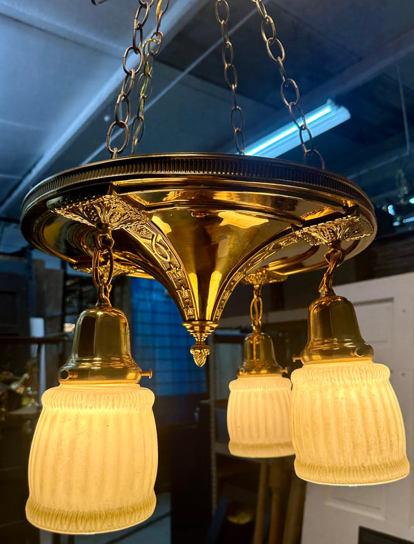 Restored Antique Brass Pan 4-Arm Triple Chain Chandelier GA21008