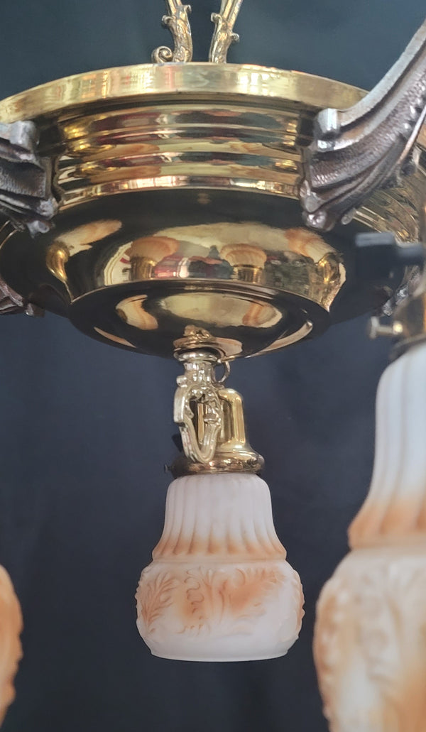 Vintage 5 Light Two Tone Brass Pan Chandelier 18" x 16" GS00970