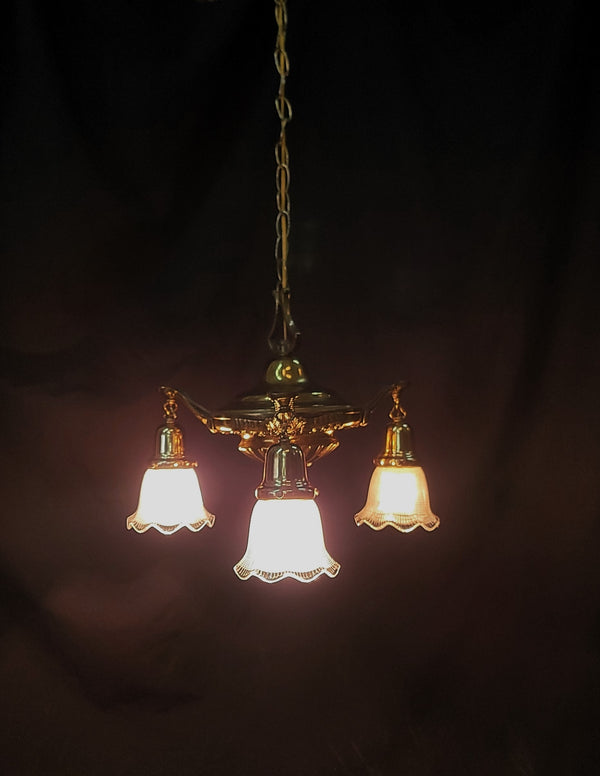 Restored 3 Light Victorian Brass Pan Chandelier w/ Shades 16" x 41" GS00986