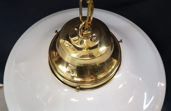 Pair of Restored Brass Pendant Lights w/ White Shades GS01080