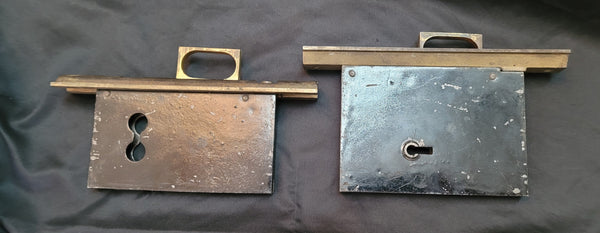 Vintage Brass & Iron Pocket Door Lock Set 7 1/2" x 5 1/4" x 4 1/8" GS00851