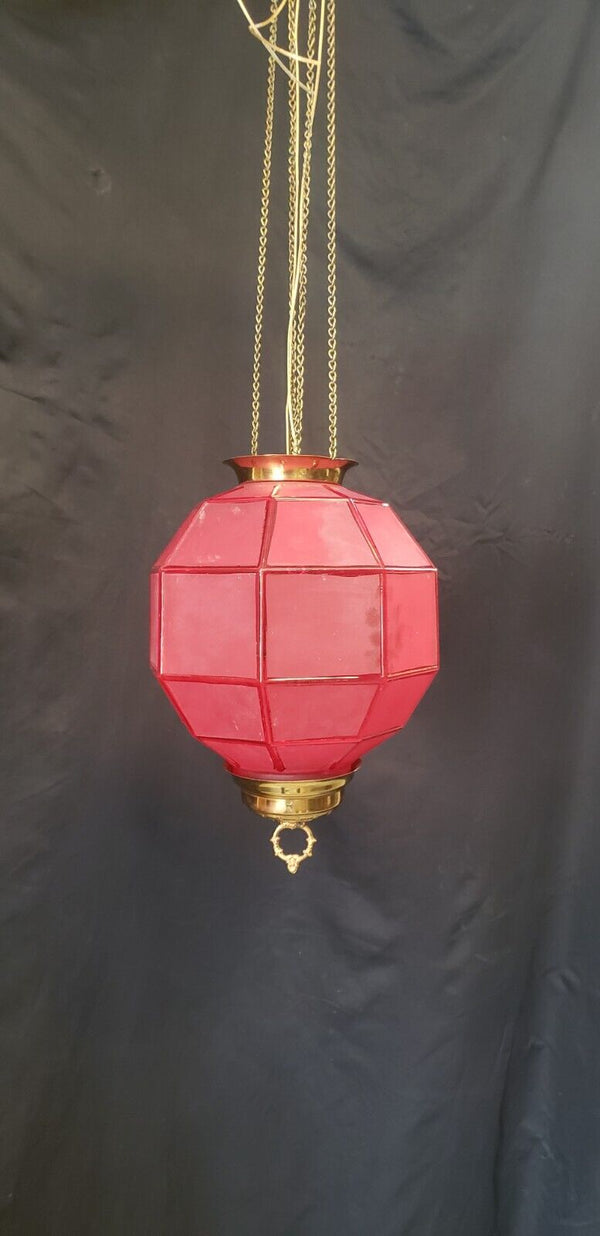 Red Frosted Octagon Hanging Oil Lamp Electrified with Brass Fitters GS00125