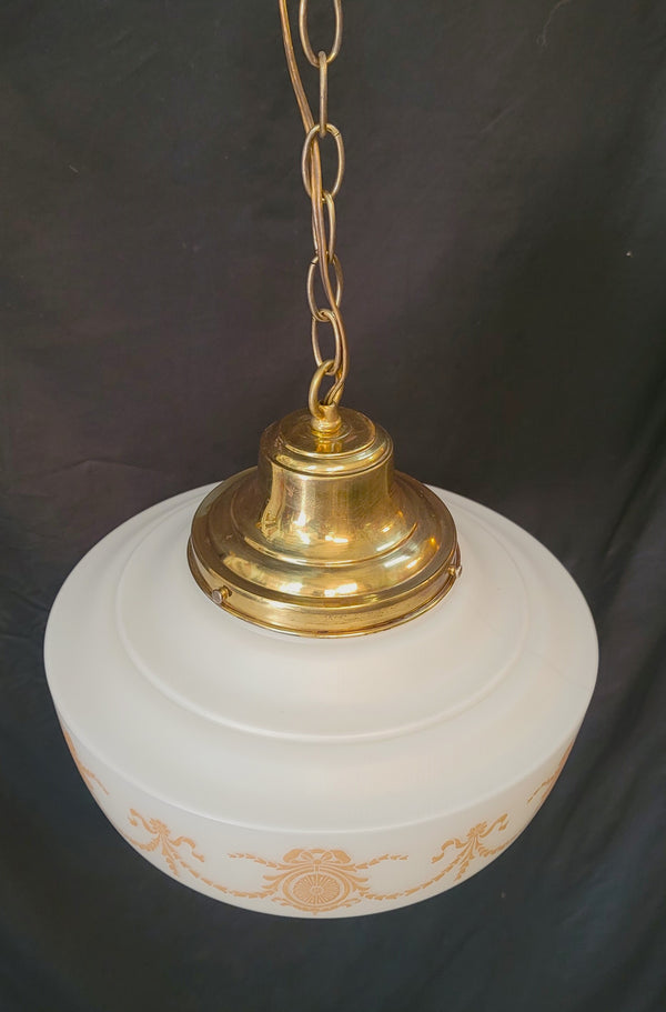 Vintage White Schoolhouse Pendant Light w/Brass Bell Shaped Fitter GS00645