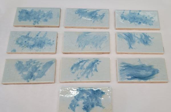 Vintage Lot of 10 Columbia Blue & Ivory Fireplace Tiles 6" x 3" GS00678