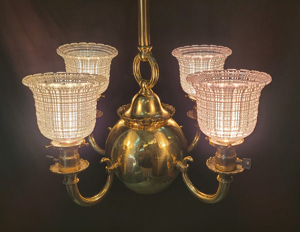 Restored 4 Light Brass Chandelier w/ Hyalophane Shades 20" x 52" GS01001