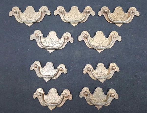 Architectural Salvage Brass Etched Floral Design Drawer Pull Handles Set of 9
