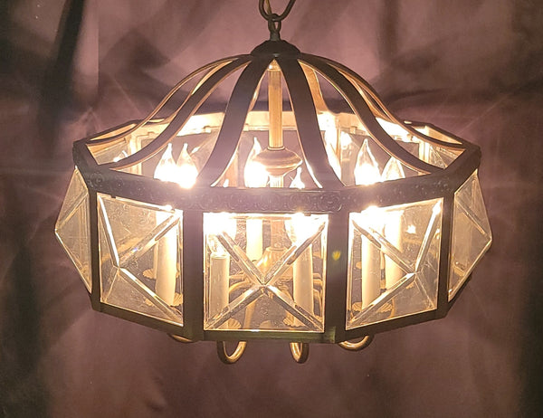 MCM Ten Light Chandelier w/ Faceted Beveled Glass Panels 20" x 17" GS00954