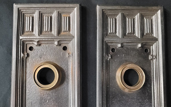 Pair of Restored Cast Iron Art Deco Backplates 8 1/2" x 2 3/4" GS00877