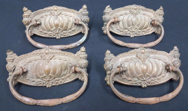 Architectural Salvage Ornate Wide Brass Embossed Design Drawer Pulls Set of 4