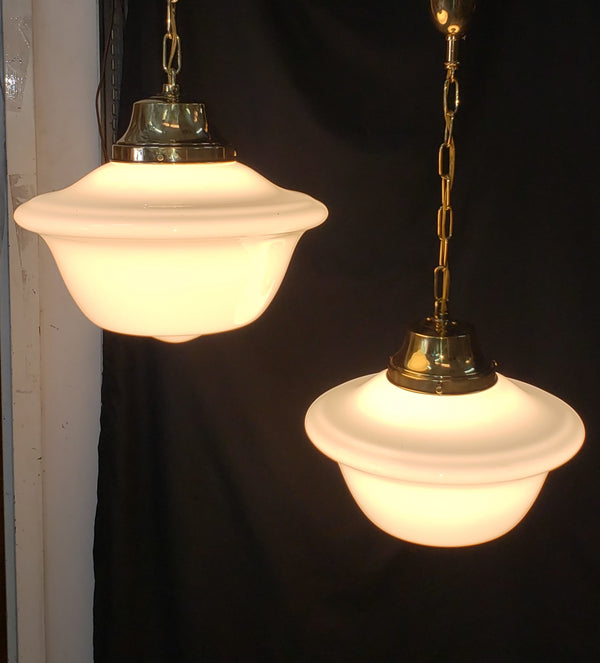 Pair of Restored Brass Pendant Lights w/ White Shades GS01080