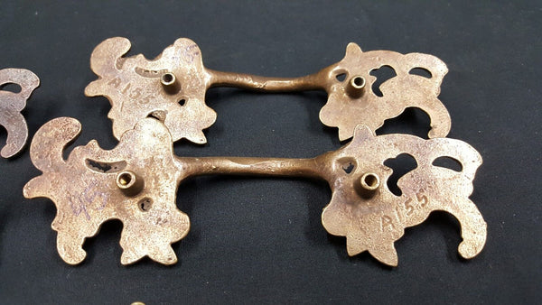 Architectural Salvage Brass Leaf Design Wide Drawer Pull Handles Set of 5