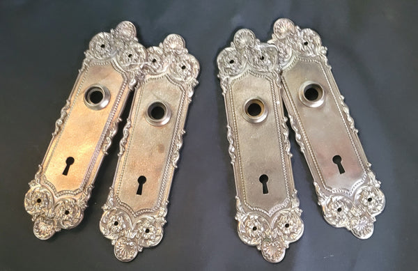 Restored Art Nouveau Door Knob Back Plates - 2 Pair 8 3/4" x 2 1/2" GS00581