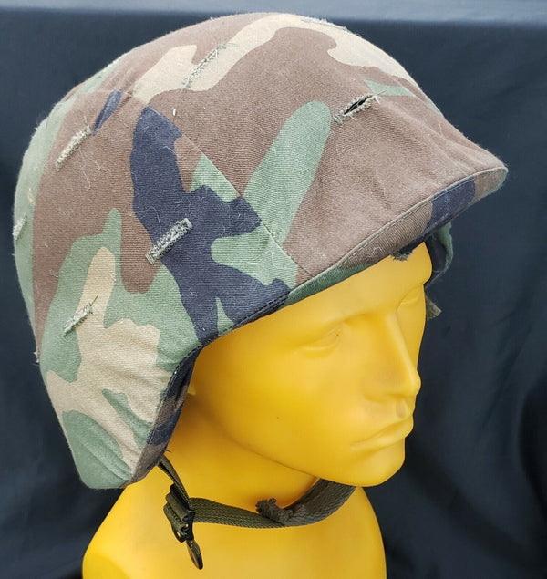 Military Helmet with Woodland Camo Cover and Leather Liner