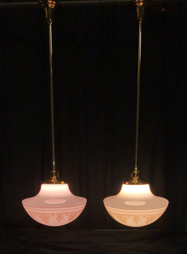Restored Pair of Pendant Light Fixtures w/ Ornate Shades 17" x 35" GS01014