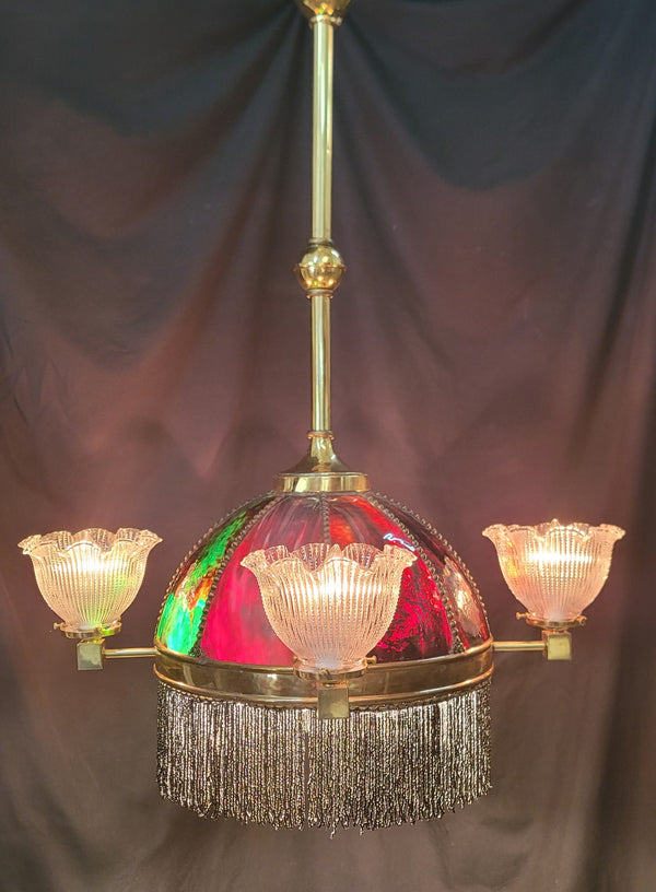 Restored Victorian 6 Light Chandelier w/ Slag Glass & Shades 26" x 35" GS01071