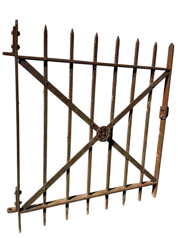Antique Wrought Iron Garden Gate w/ Floral Medallion - 30" W x 34.5" T - GA20992