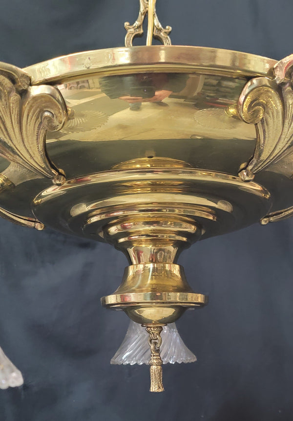 Restored 5 Light Brass Pan Chandelier w/ Glass Shades 22" x 15" GS00972