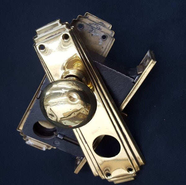 Art Deco Mortise Lock Set w/ Dead Bolt Hole Thumb Turn & Backplates GS00752