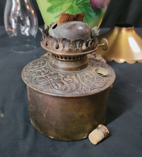 Vintage Ornate Floral Oil Lamp w/ Brass Canopy & Chimney GS00620