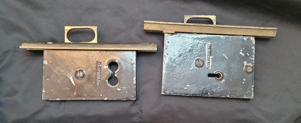 Vintage Brass & Iron Pocket Door Lock Set 7 1/2" x 5 1/4" x 4 1/8" GS00851