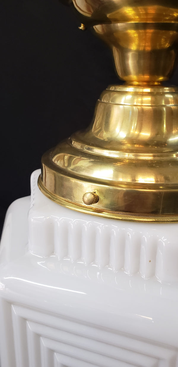Restored Brass Art Deco Flush Mount Light w/ White Geometric Shade GA40711