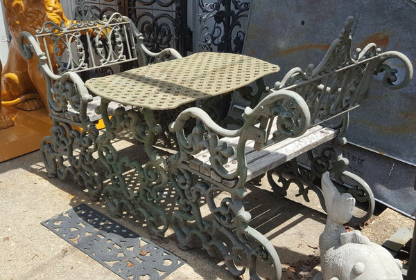 Rare 1800's Ornate Victorian Cast Iron Exterior Table w/ Benches GS00705