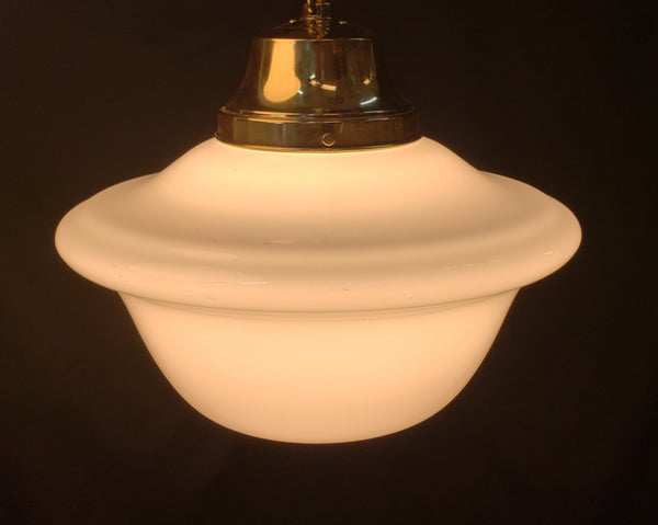 Pair of Restored Brass Pendant Lights w/ White Shades GS01080